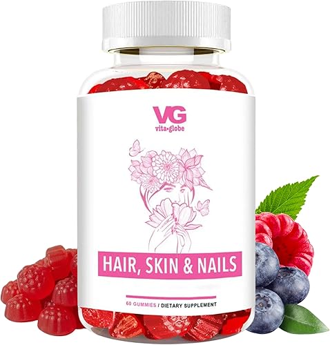 VITA Globe Gomitas de colágeno para cabello, piel y uñas, 20 mg con vitaminas A, C, D, E, B6 y biotina, suplemento de belleza y bienestar para un