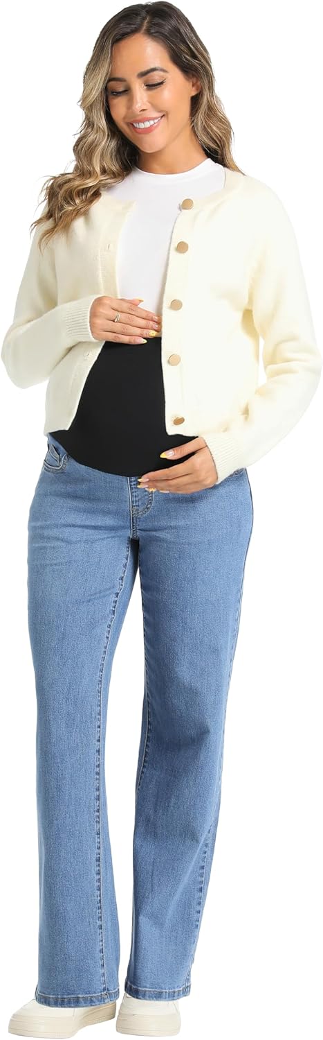 V VOCNI Women's Maternity Jeans Straight Leg Stretchy Pregnancy Jeans Wide Leg Denim Work Pants - Image 6