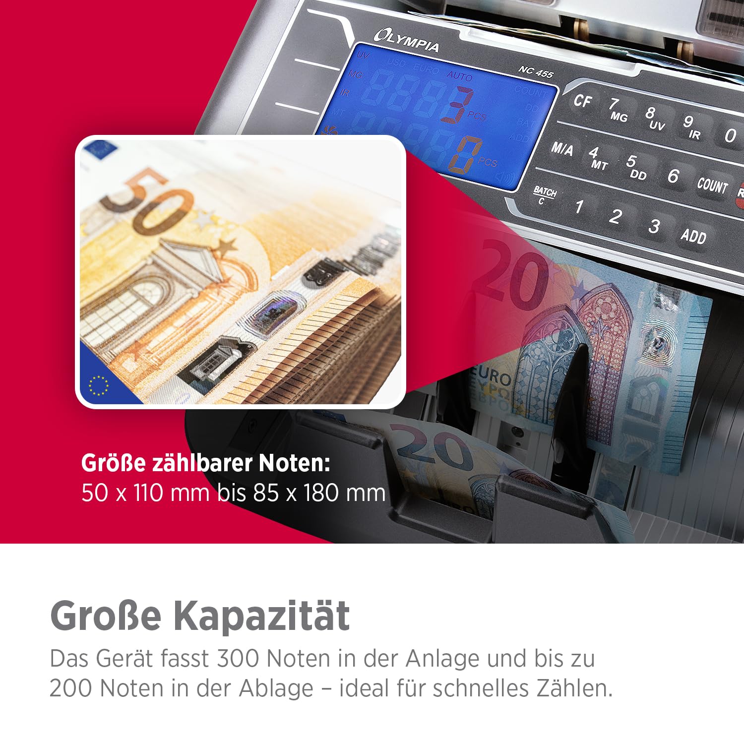 Olympia NC 455 Geldzählmaschine & Geldscheinprüfer | Geldzähler für alle Scheine | UV & MG Prüfung | Zählmaschine für 1-9999 Noten | LCD Display | 1000 Noten/Min | Autom. Start | Falschgeld Prüfer