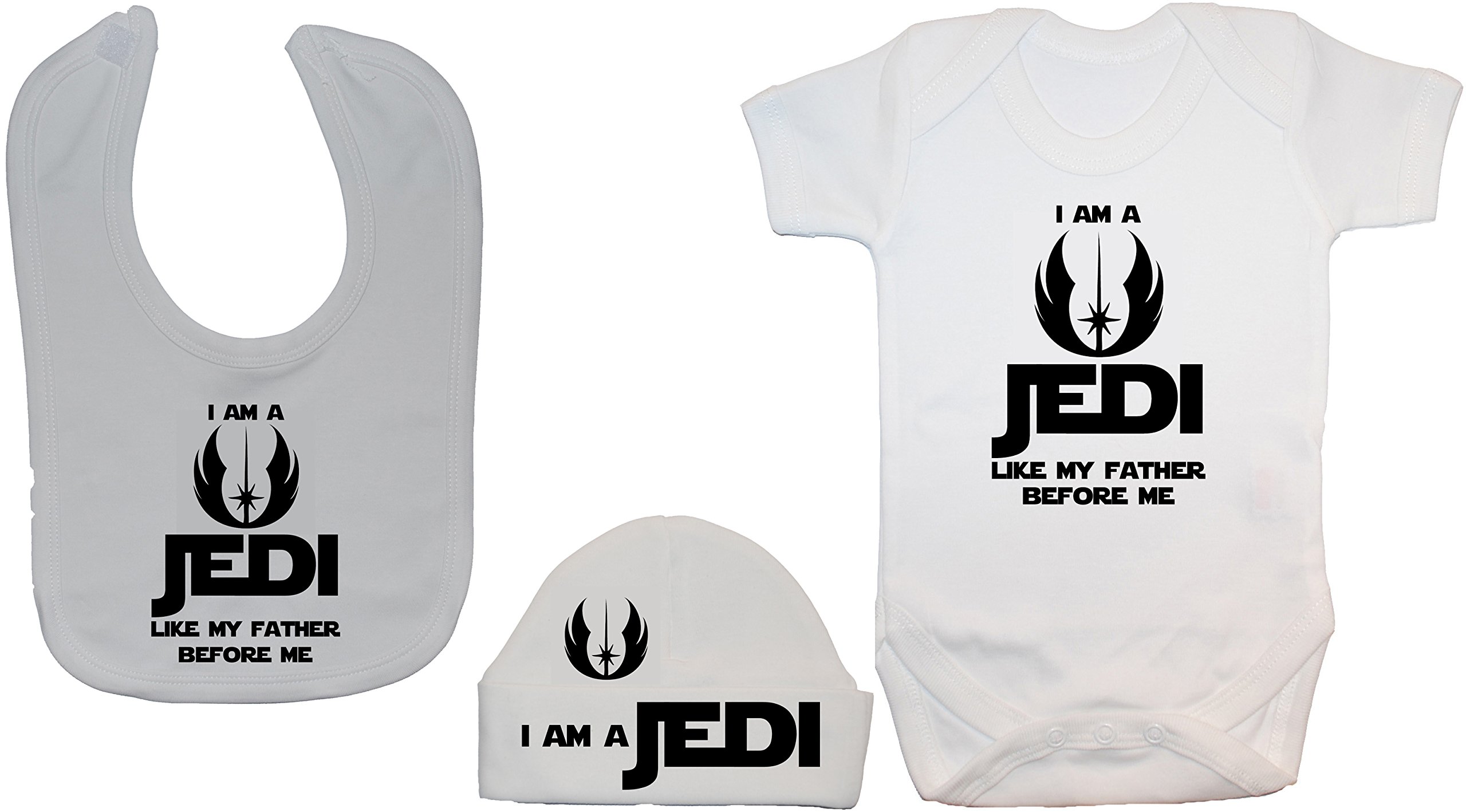 Acce Products I Am a Jedi Like My Father Before Me Baby Bodysuit/Romper, Feeding Bib & Beanie Hat/Cap - 6-12 Months - White