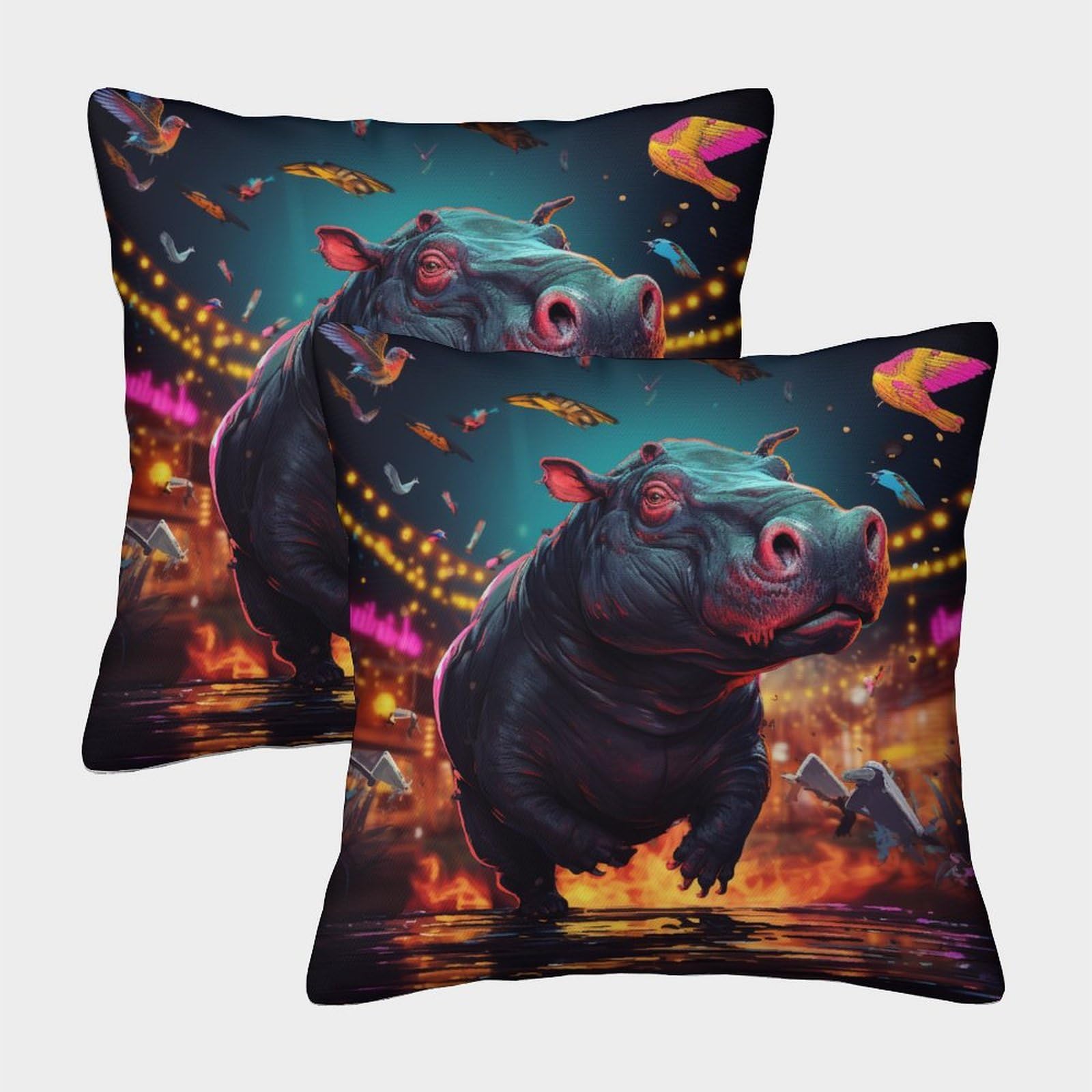 BARDYS Hippo with Invisible Zipper Pack of 2 Homeware Cushions Decorative Throw Pillow Cases for Home Sofa Bedroom Living Room Outdoor garden Car Decorative 40x40cm
