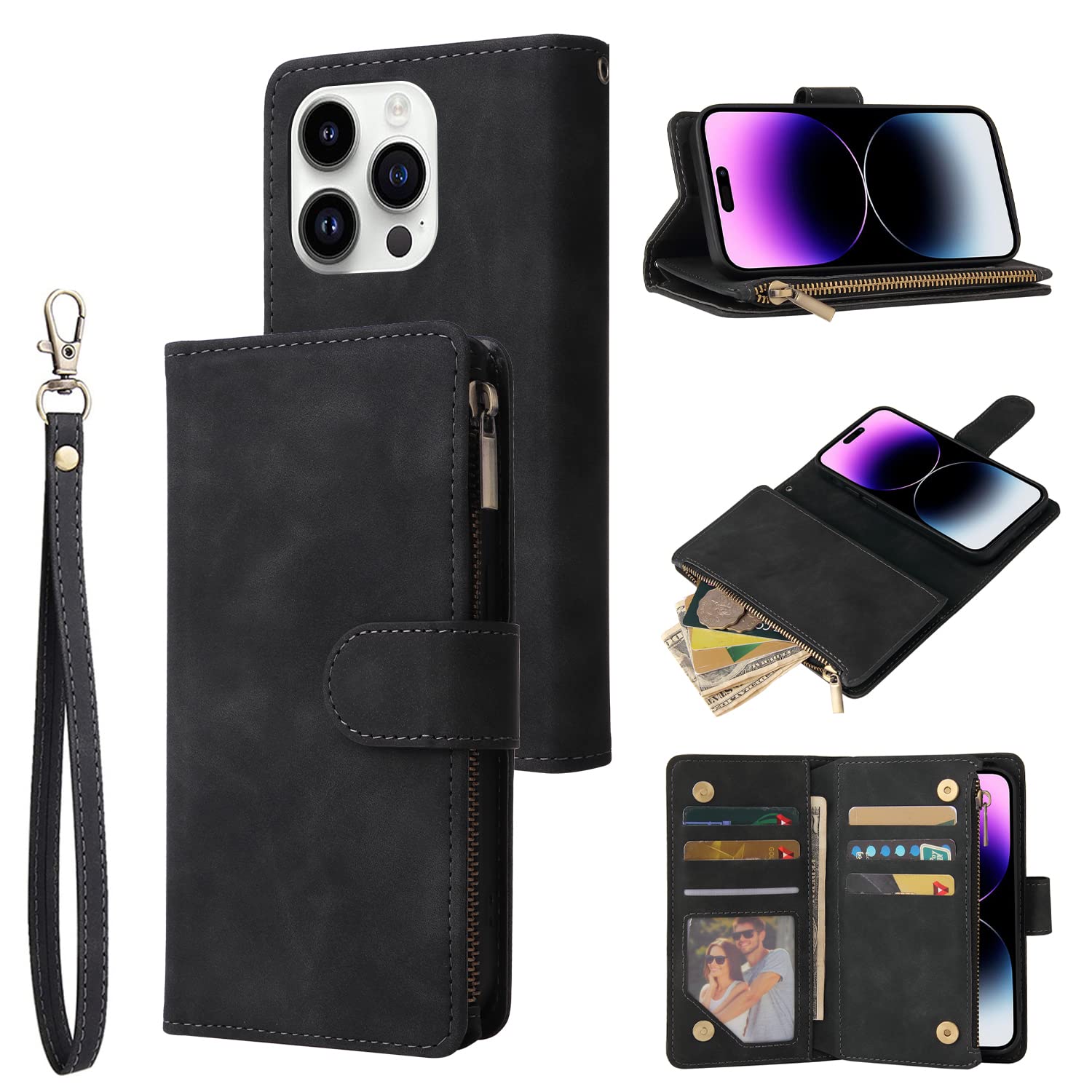Coque iPhone 15 Pro QLTYPRI étui portefeuille cuir noir - 8