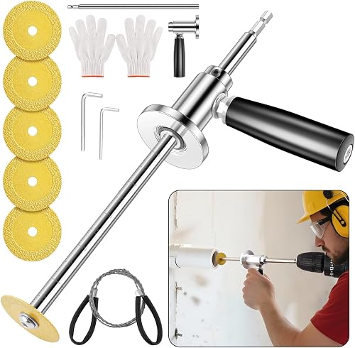Inside Pipe Cutter for PVC, Internal Pipe Cutting Tool with Adjustable Depth Gauge, 5 Diamond Grit Blades, 2 Hex Shank, Wire Saw and Gloves,Professional Plumbing Internal Plastic Pipe Cutter Set