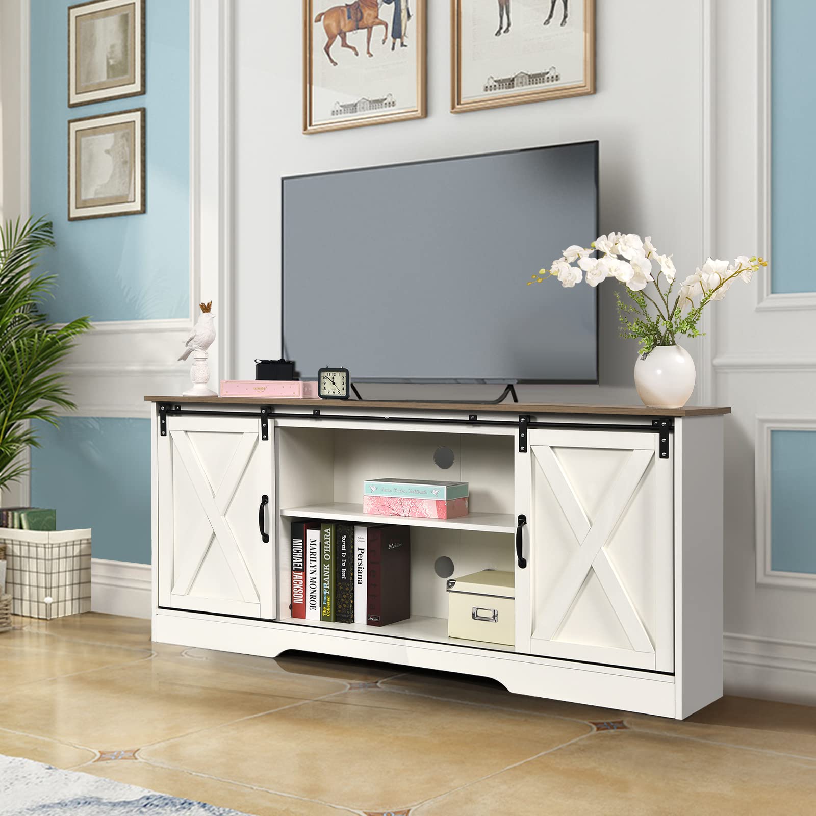 Buy Farmhouse TV Stand for 65+ inch TV, White Entertainment Center Barn