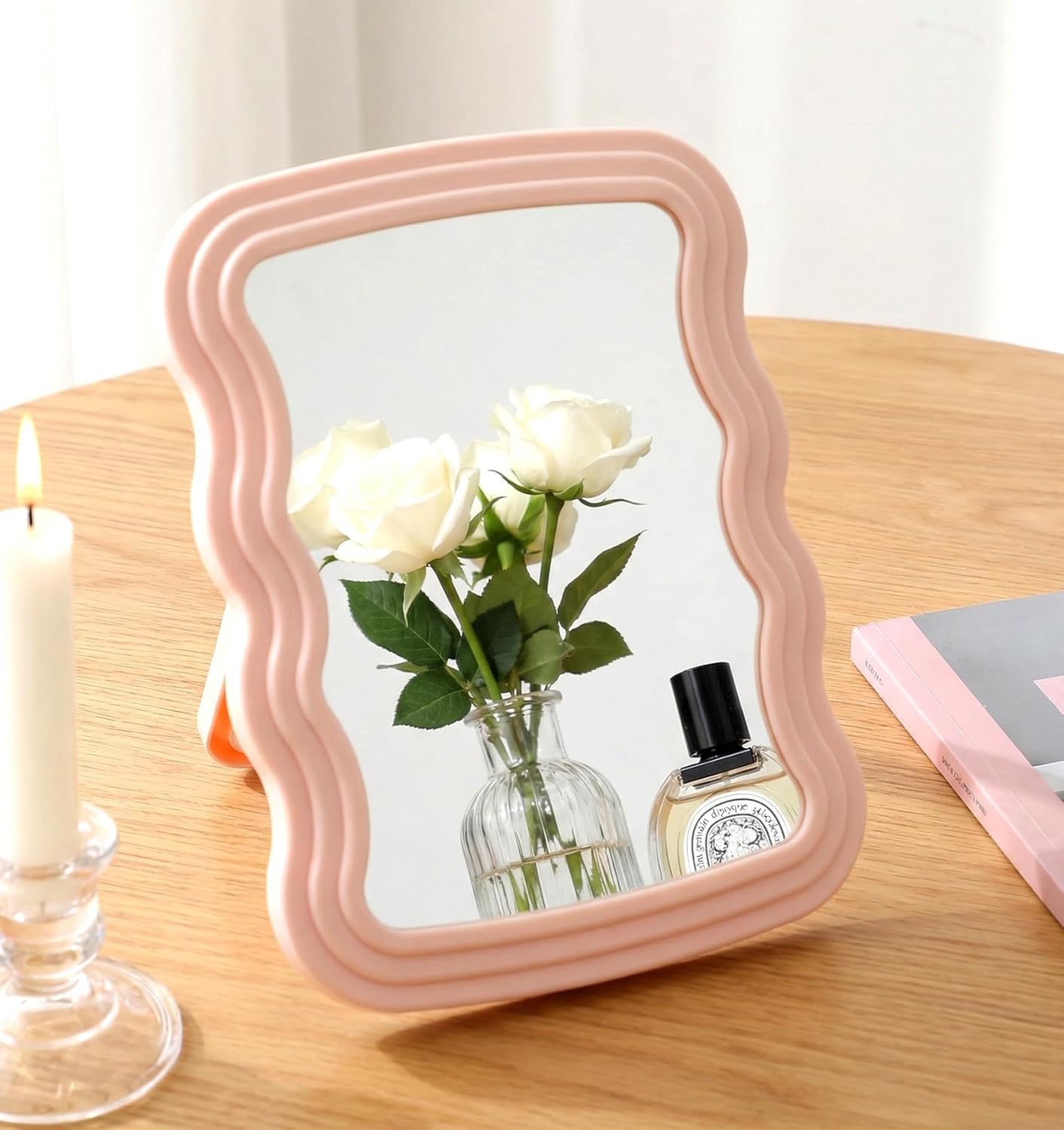 Espejo de escritorio 7.8 x 5.5 pulgadas rosa forma ondulada plegable portátil
