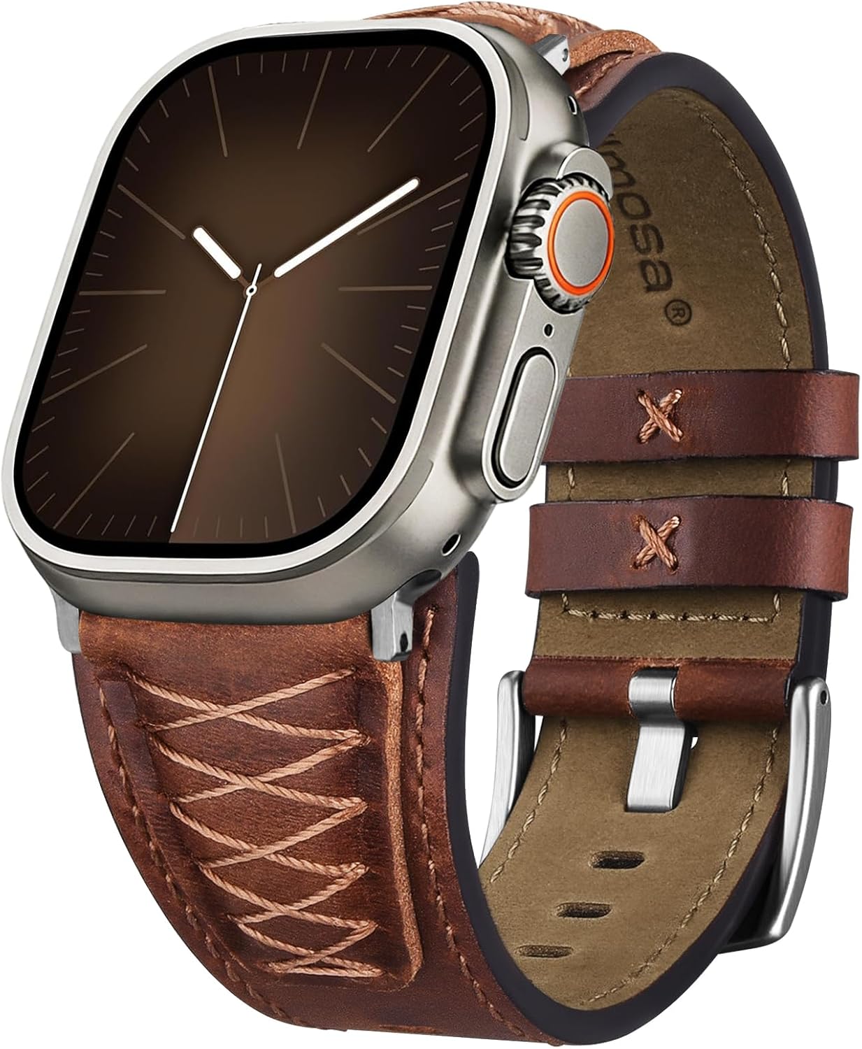 Fullmosa Leather Band Compatible with Apple Watch Ultra 3/2/1 Band 49mm 46mm 45mm 44mm 42mm Men, Top Grain Leather Replacement Strap for iWatch series 11 10 9 8 7 6 5 4 3 2 1, SE 3 2 1,Dark Brown+Silver