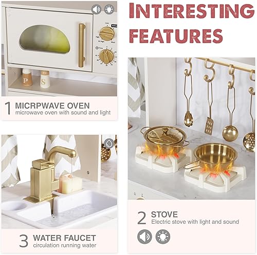 Miniatura 19 de Juego de cocina de madera con máquina de hielo, dispensador de agua, cafetera, juego de cocina de juguete para niños grandes con lavadora, fregadero