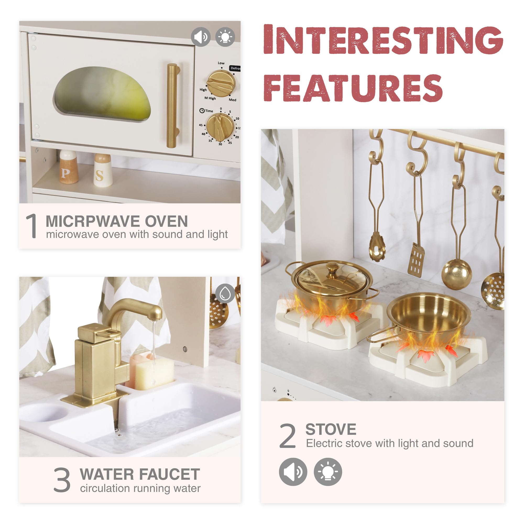 Wooden Play Kitchen Set with Ice Maker, Water Dispenser, Coffee Maker,Big Toddler Toy Kitchens Playset with Washing Machine,Sink with Running Water, Stove with Light&Sound,Gift for 3+boy Girl (White)