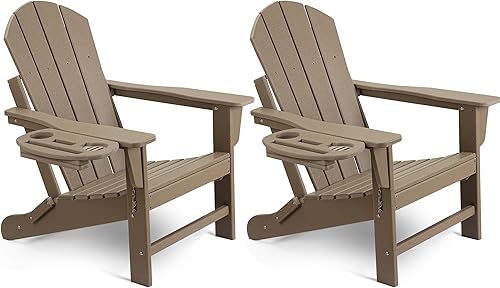 Juego de 2 sillas Adirondack plegables de polietileno de alta densidad con portavasos multifuncional, resistente a la intemperie, para porches,