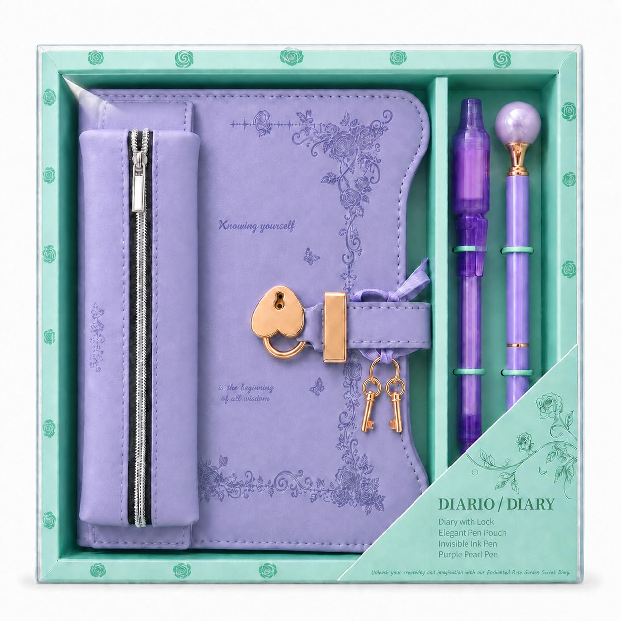 Diario con lucchetto e chiavi per ragazze, set di diario con lucchetto per bambini con penna invisibile e custodia per penna, diario lavanda con penna a sfera abbinata, blocco privacy per