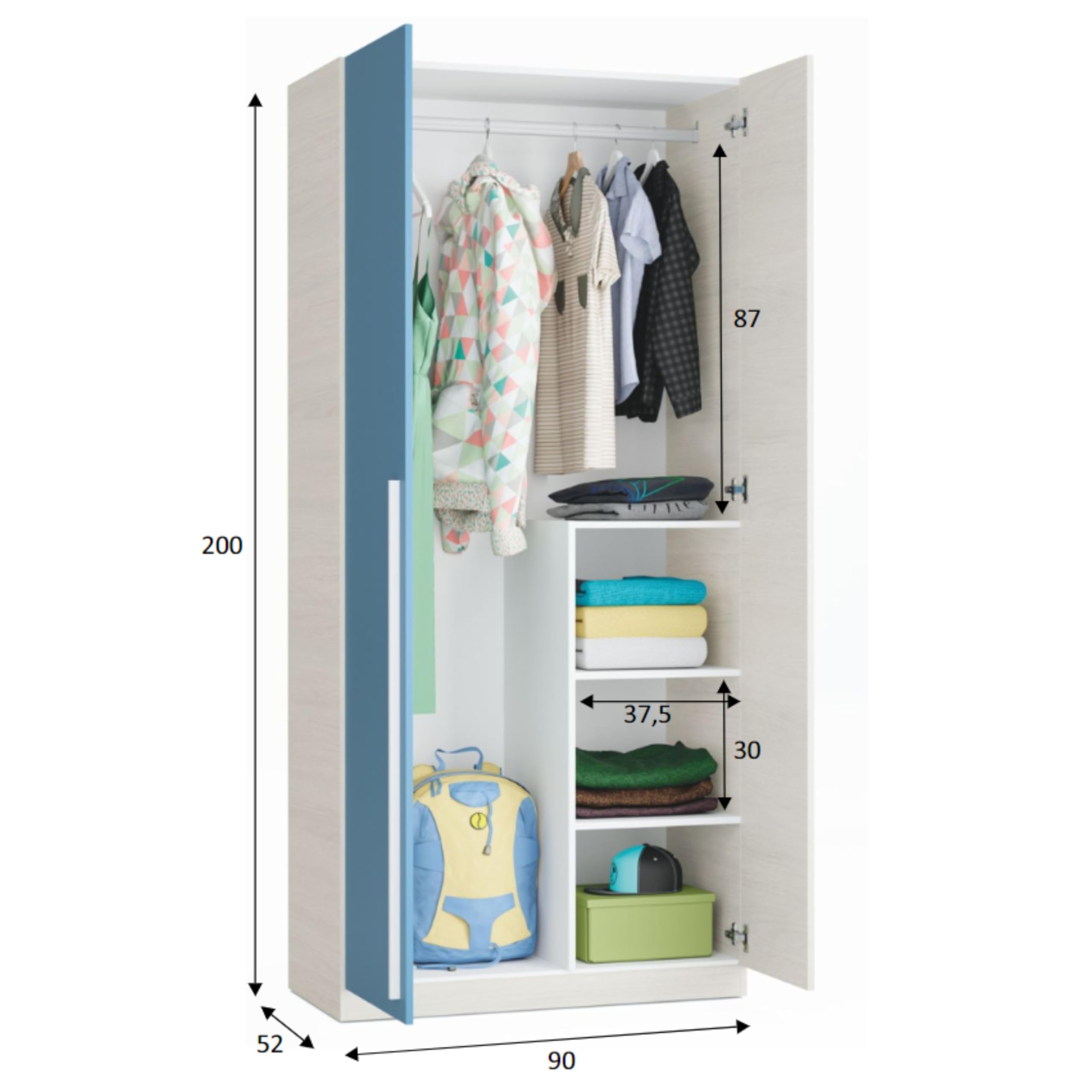 Miroytengo Pack habitación Juvenil con Cama Nido Estante de Pared, Armario y SOMIERES INCLUIDOS Color Blanco y Azul