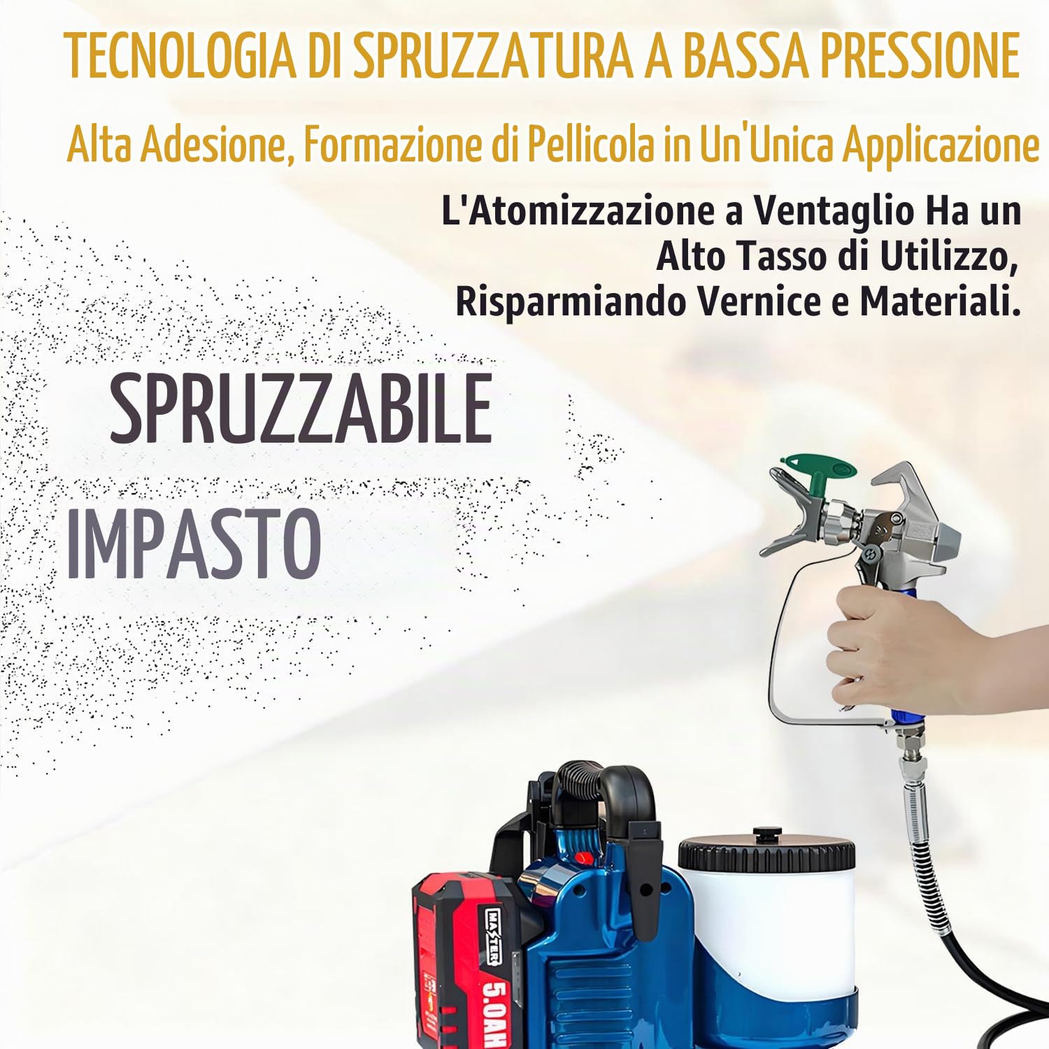 Airless Spruzzatore Vernice 1,2 L, Pistola a Spruzzo per Verniciare 750 W, 12,5 Mpa, Pressione Regolabile Su 6 Livelli, Con 2 Batterie Da 21 V E Tubo Da 1,80 M, Portata Di 2 L/Min, Per Pareti, Tetti