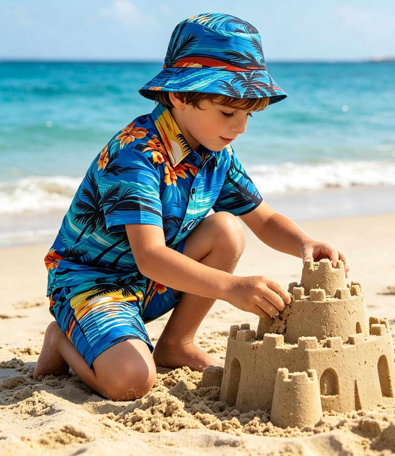 EISHOPEER Boys 2 Piece Button Down Hawaiian Sets Short Sleeve Shirt and Shorts Outfits with Bucket Hats for 5-16 Years