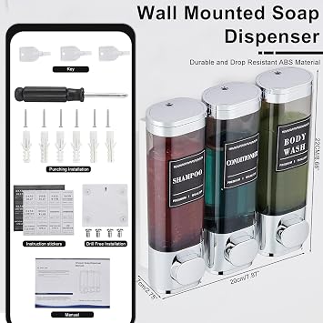 Shower Soap Dispenser Wall Mounted No Drill Shampoo and Conditioner Dispenser for Shower With Large Capacity Hand Soap Dispenser for Bathroom Kitchen Hotel 300mlx3 Silver