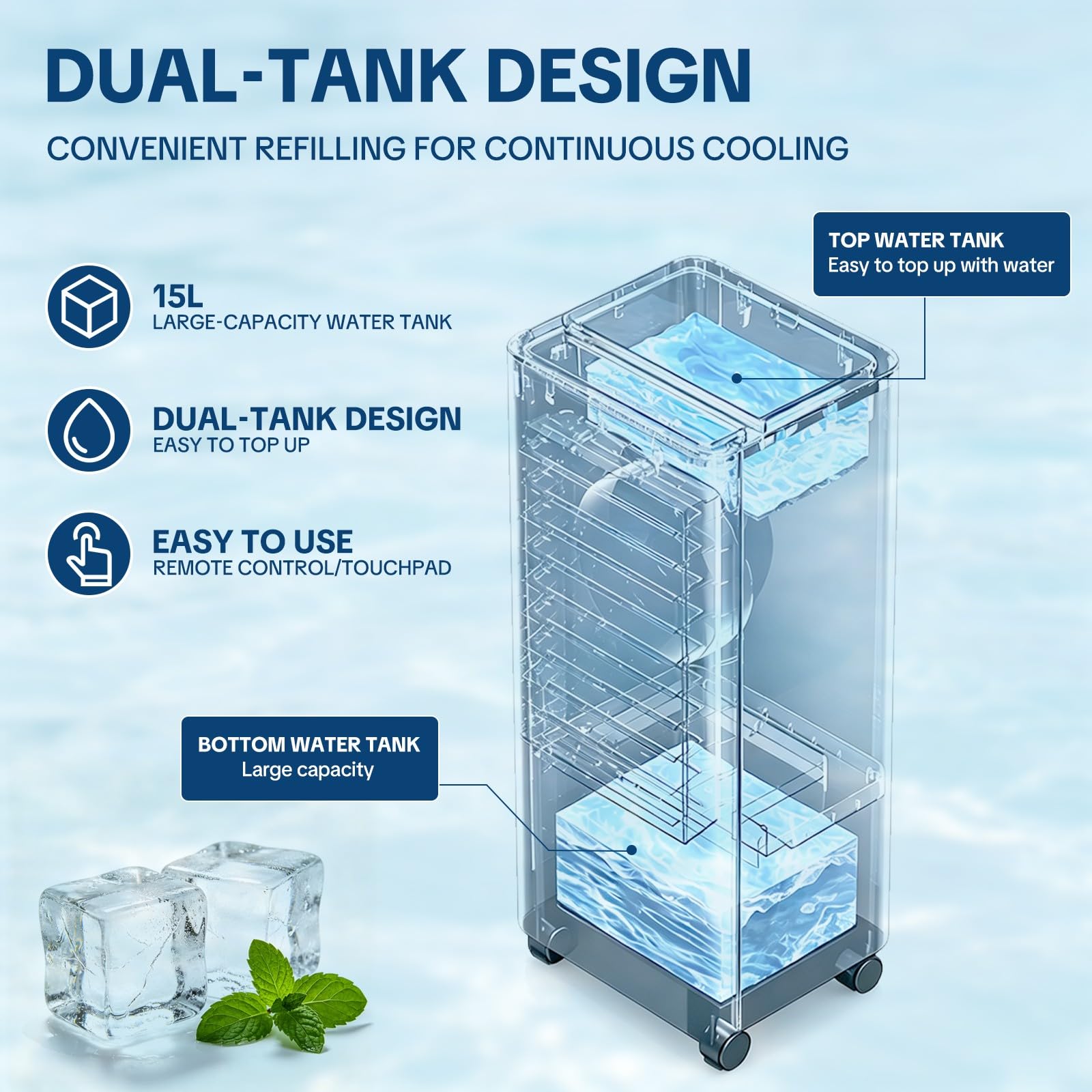 Climatizador Portátil 15L Depósito Oscilación 120° Temporizador para Casa | Climatizador evaporativo con depósito de gran capacidad, fácil de mover, para hogar oficina camping caravana