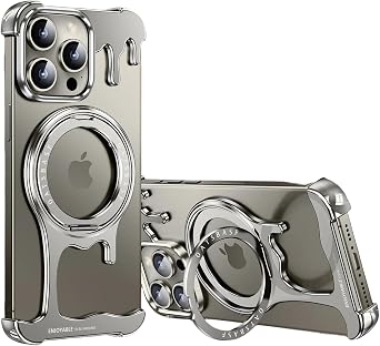 Generic Metal Frameless Case for iPhone 15 Pro Max, Compatible with MagSafe 360Rotation Magnetic Kickstand Aluminum Bezel Less Design Minimalist Slim Lightweight Case Titanium