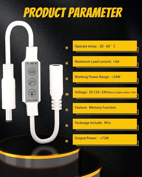 YM E-Bright 4 Pack 5V-12V LED Dimmer and Strobe Controllers | Inline modules add dimming and flashing for single-color LED strips and retain settings after power-off.