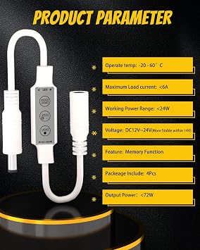 YM E-Bright 4 Pack 5V-12V LED Dimmer and Strobe Controllers | Inline modules add dimming and flashing for single-color LED strips and retain settings after power-off.