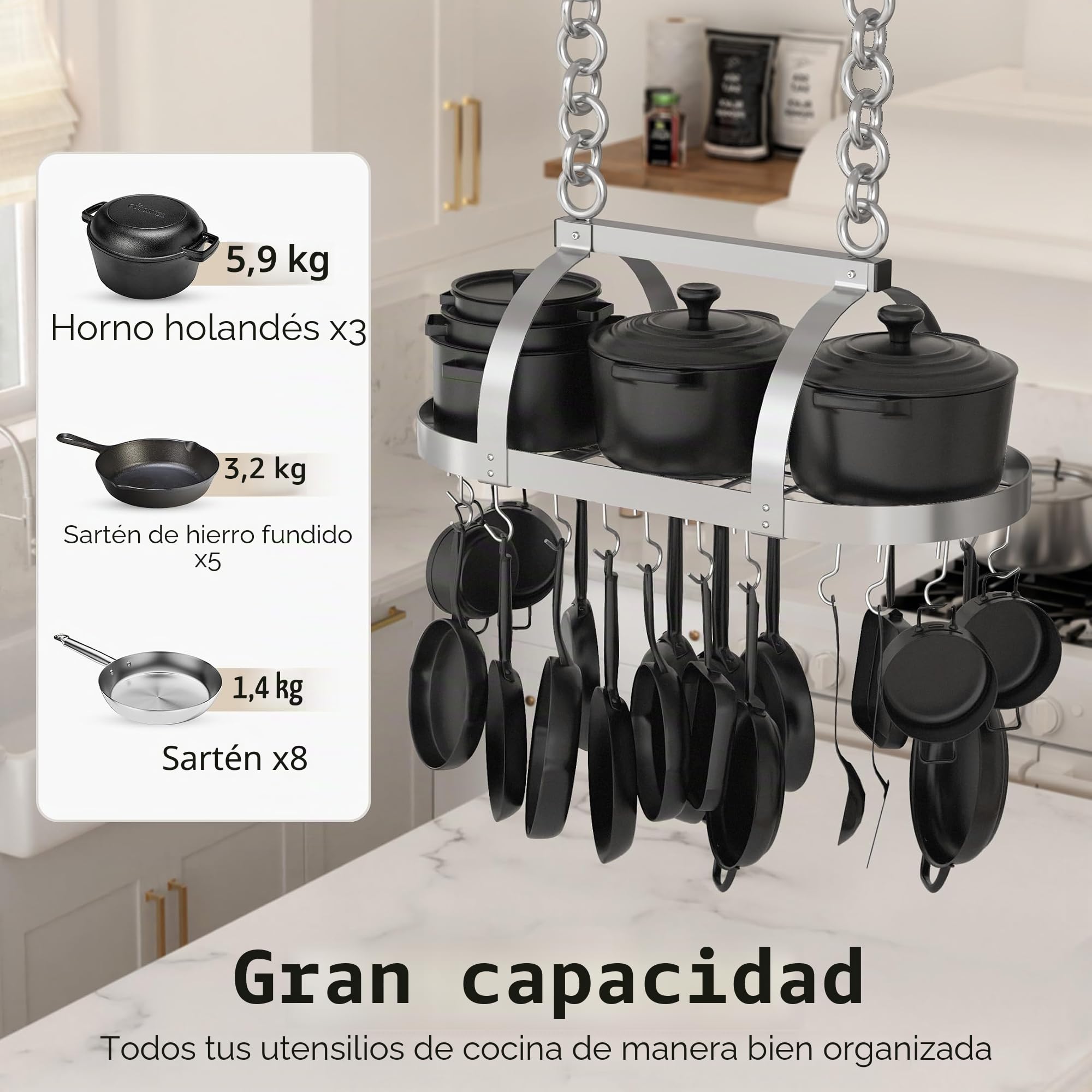 KES KUR221S85-CH - Soporte de techo cromado resistente de 86 cm, estante ovalado para colgar ollas y sartenes, organizador de almacenamiento de cocina con 20 ganchos en S (para vigas de techo de 16 y