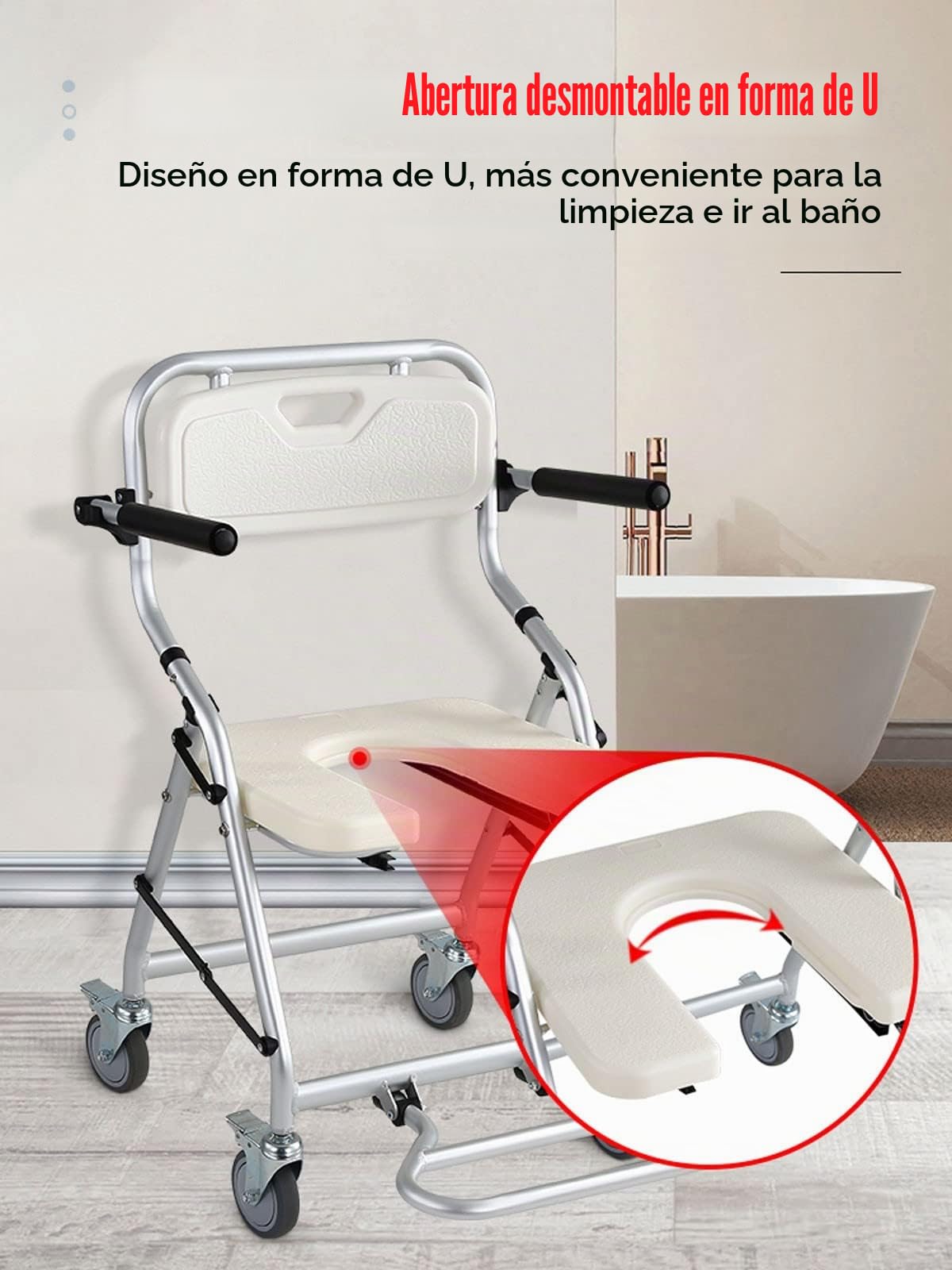Sillas de Ruedas Plegable para Ducha, Taburete de Ducha con Ruedas de Freno y Diseño de Corte en U, Silla de Baño Aleación de Aluminio, Ideal para Ancianos y Mujeres Embarazadas