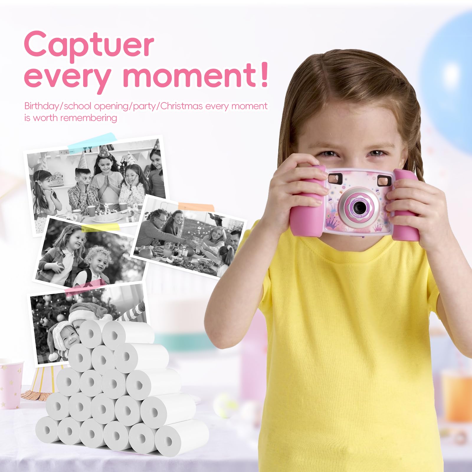 Carta Termica Per Fotocamere Bambini - 20 Rotoli Da 57x25 Mm, Bianco E Nero - Foto 3