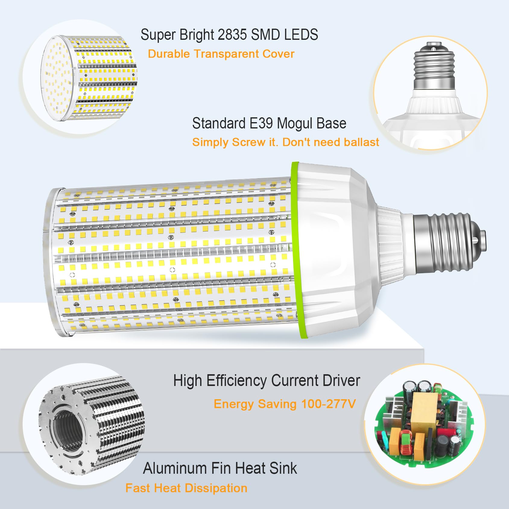 6 PCS 480V LED Corn Light Bulbs 100W E39 Base 15 500LM 5000K ETL Listed 400W HID Replacement — view 2