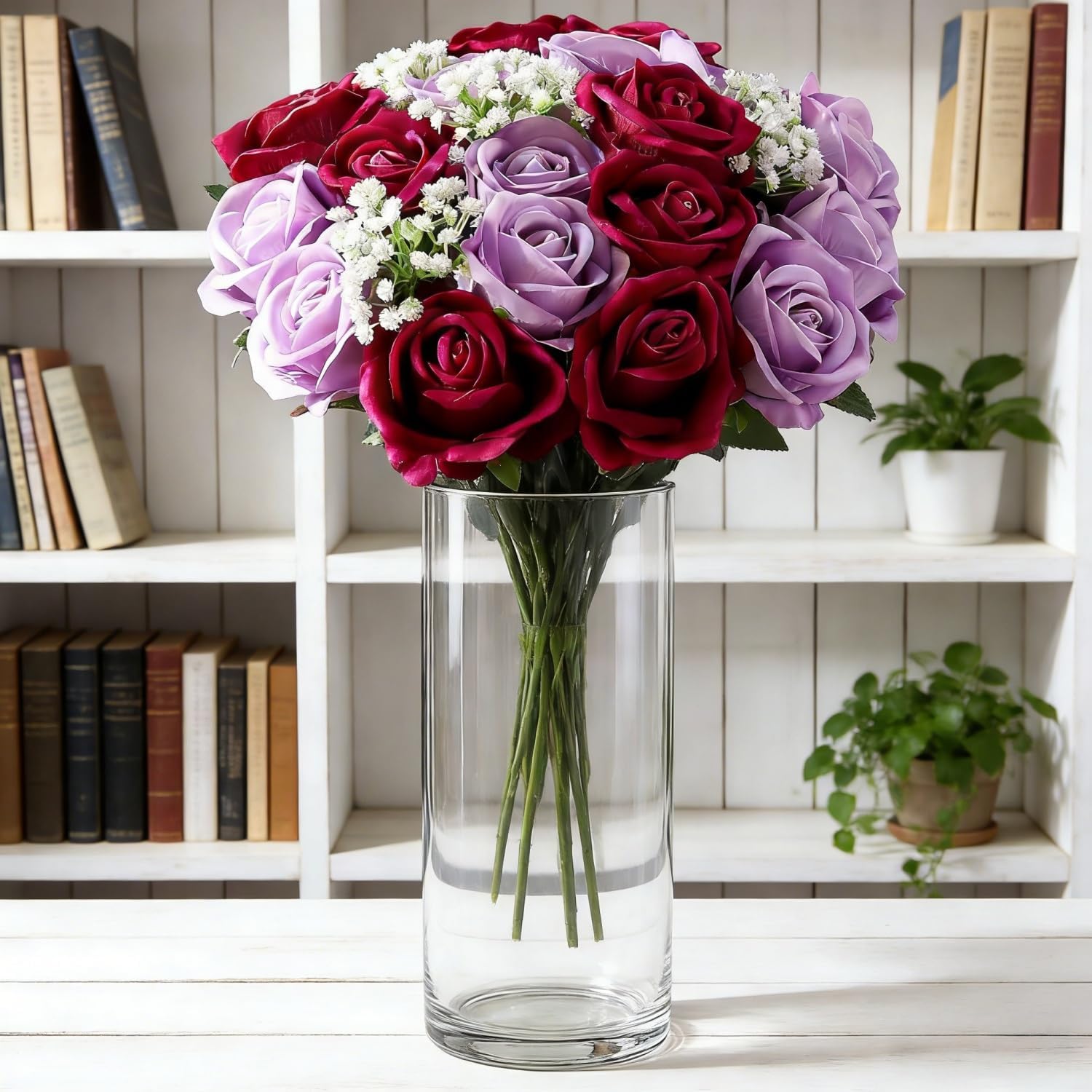 60 Pcs Artificial Purple Rose anf Gypsophila Bouquet, Fake Purple Rose for Bridal Wedding Vase Floral Decor