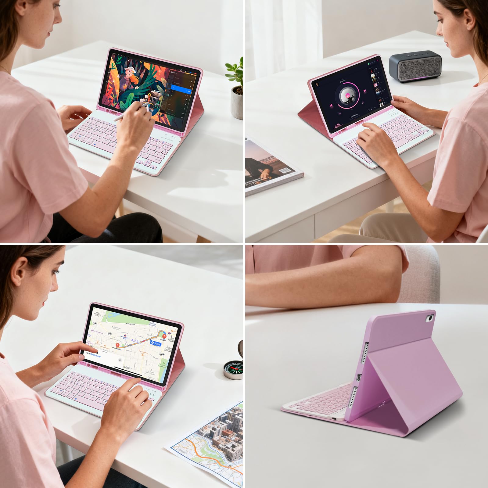 Funda Teclado para iPad 9ª Gen 2021/8ª Gen 2020/7ª Gen 2019/ Air 3 / Pro 10.5, Soporte para Lápiz y Teclados Recargable, [Español] Magnético Desmontable Bluetooth Teclado (Rosa)