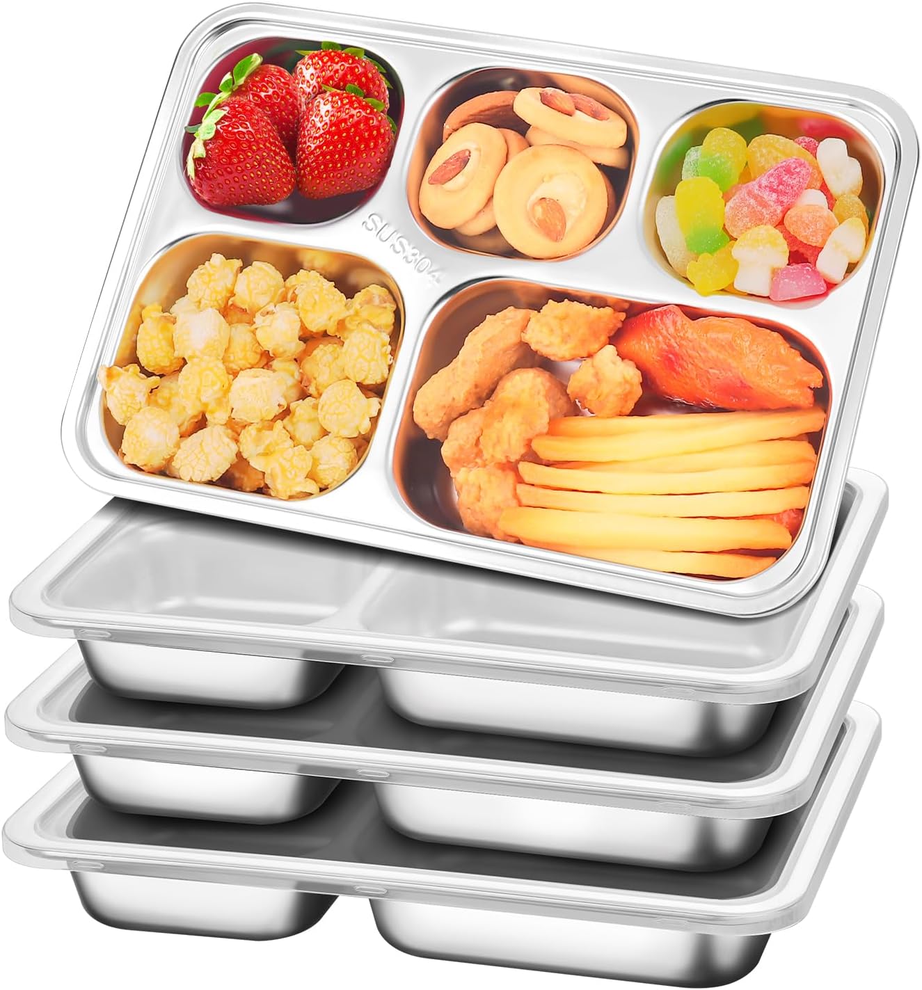 Dualshine 4 Pack Stainless Steel Snack Containers Metal Bento Box with Lids 5 Compartments Bento Lunch Box Reusable Adult Lunchable Containers Snack Container for Home Travel