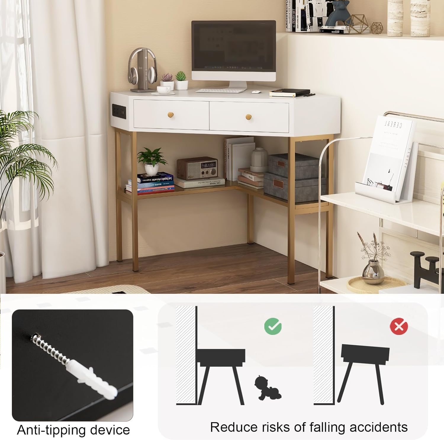 POWERSTONE Corner Desk with Charging Station & 2 Drawers, Space-Saving Makeup Vanity Triangle Computer Desk Workstation with Storage Shelves for Bedroom, Study Gold Legs