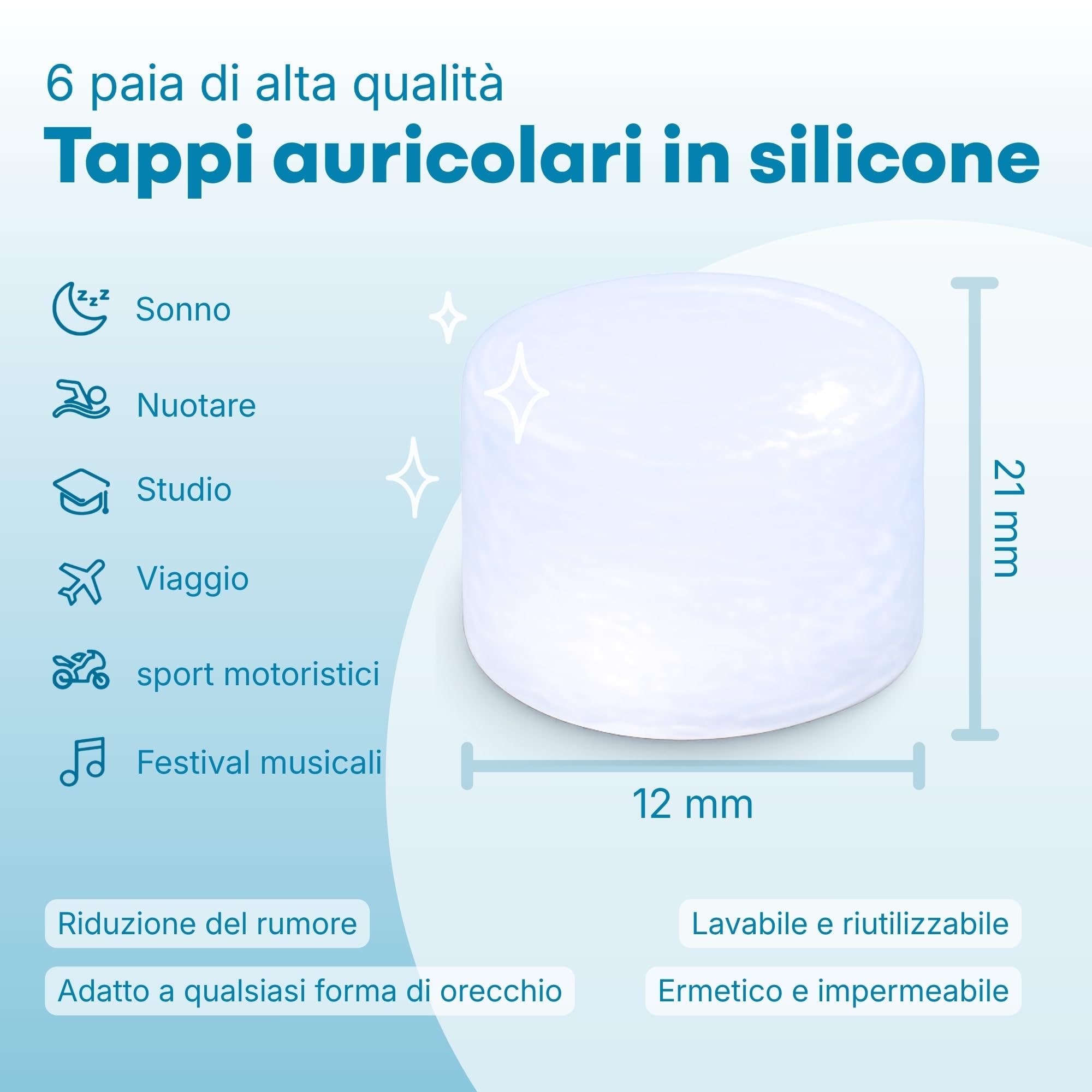 Tappi Orecchie per Dormire Medi Grade [6 Paia] - Tappi per Orecchie Antirumore, Insonorizzanti - Riduzione del Rumore, Ideali per Dormire, Studiare