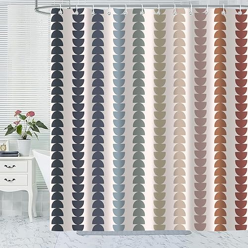 Cortina de ducha moderna con diseño geométrico retro, estética, minimalista de mediados de siglo, decoración para baño, tela lavable impermeable con