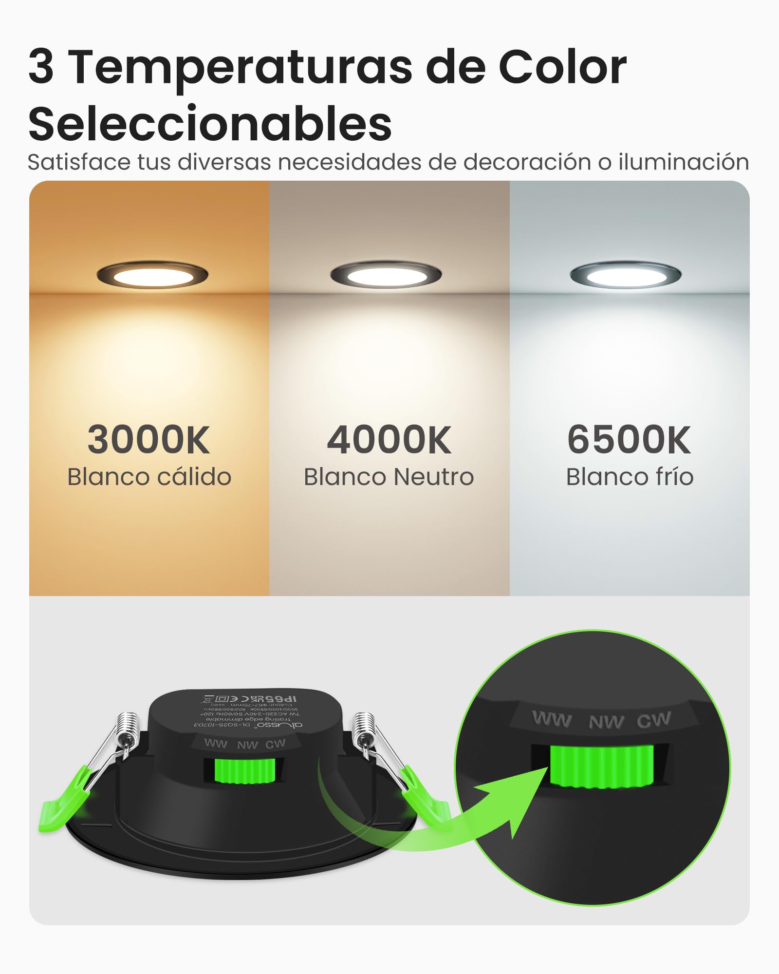 ALUSSO IP65 Downlight LED Techo Empotrable Regulable 7W 600LM 3CCT, Pack 6 | 3000K/4000K/6500K Focos LED Interior Techo Empotrado Corte Ø67-75mm, Ojos de Buey LED para Techo Baño Salón, Redonda Negro