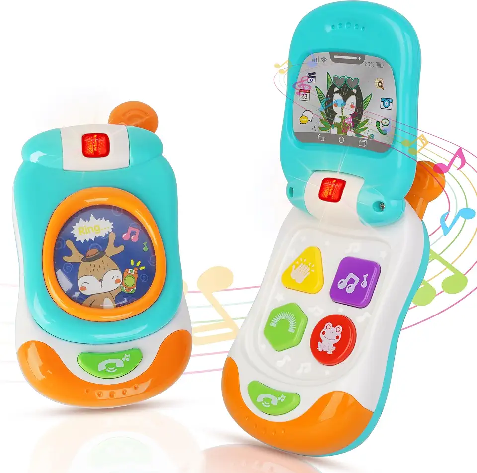 Musical Baby Flip Phone Toy, Interactive Learning Toy with Lights and Sounds, Educational Pretend Play Mobile Phone for Toddlers (Blue)