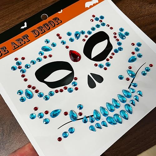 Miniatura 6 de Paquete de 6 joyas de calavera para la cara, Día de la Muerte, Halloween, tatuajes faciales temporales, joyería facial falsa