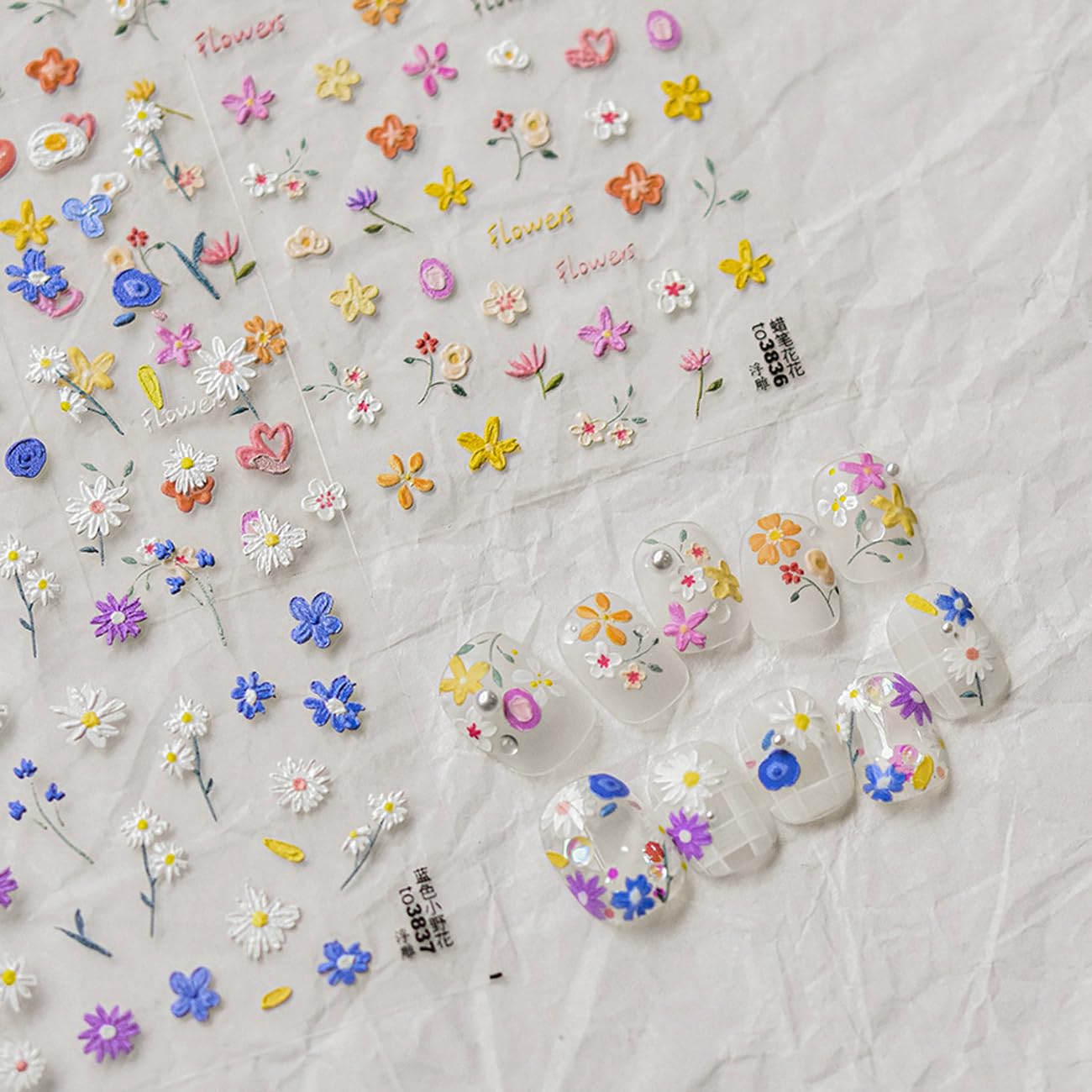 Flower Nail Stickers for Nail Art 2Sheets 5D Exquisite Flower Nail Stickers Colorful Flowers Nail Supplies Summer Flower Leaf Plant Daisy Butterfly