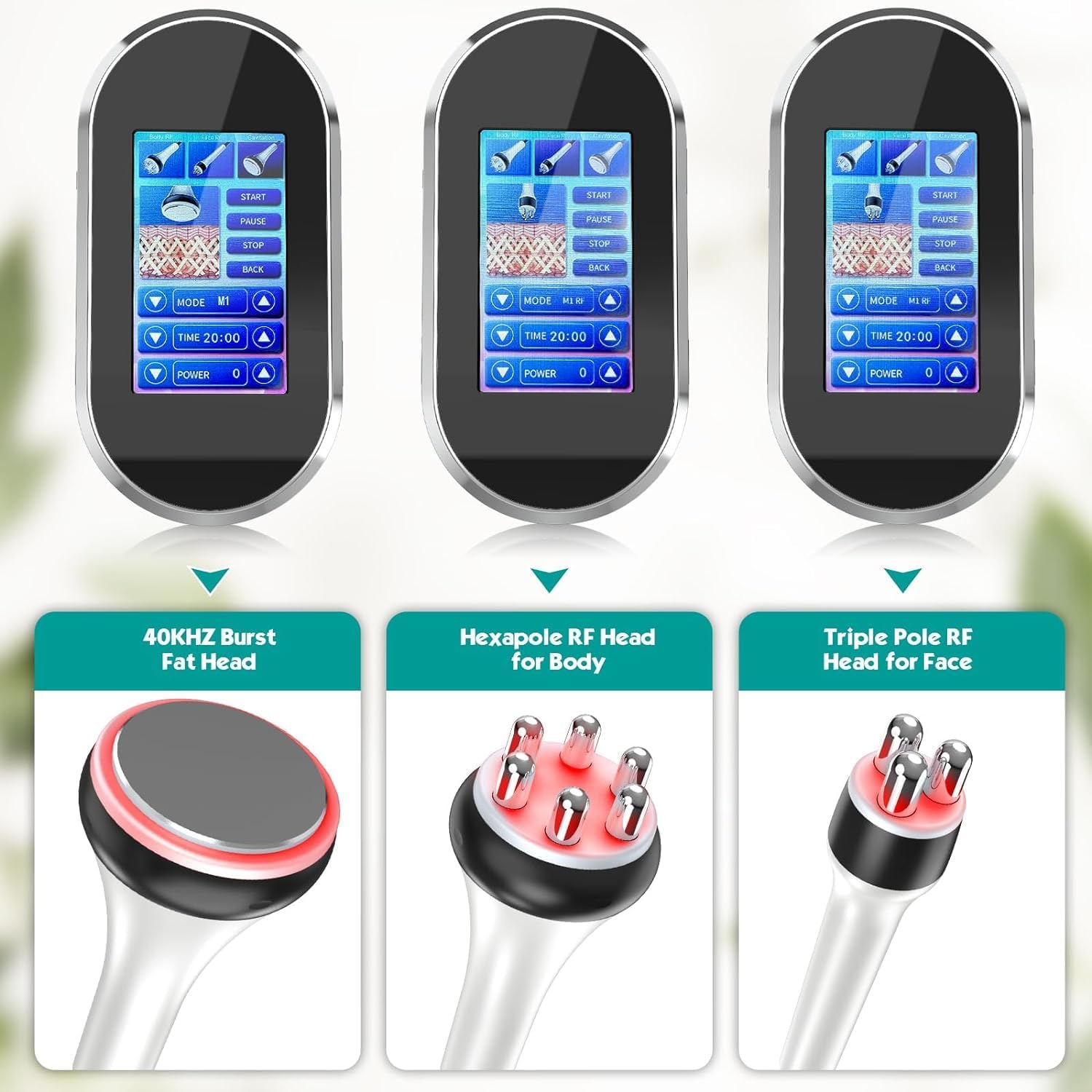 Жакын план view of the three interchangeable probes: 40KHz Cavitation head, Hexapole RF head for body, and Tripole RF head for face.