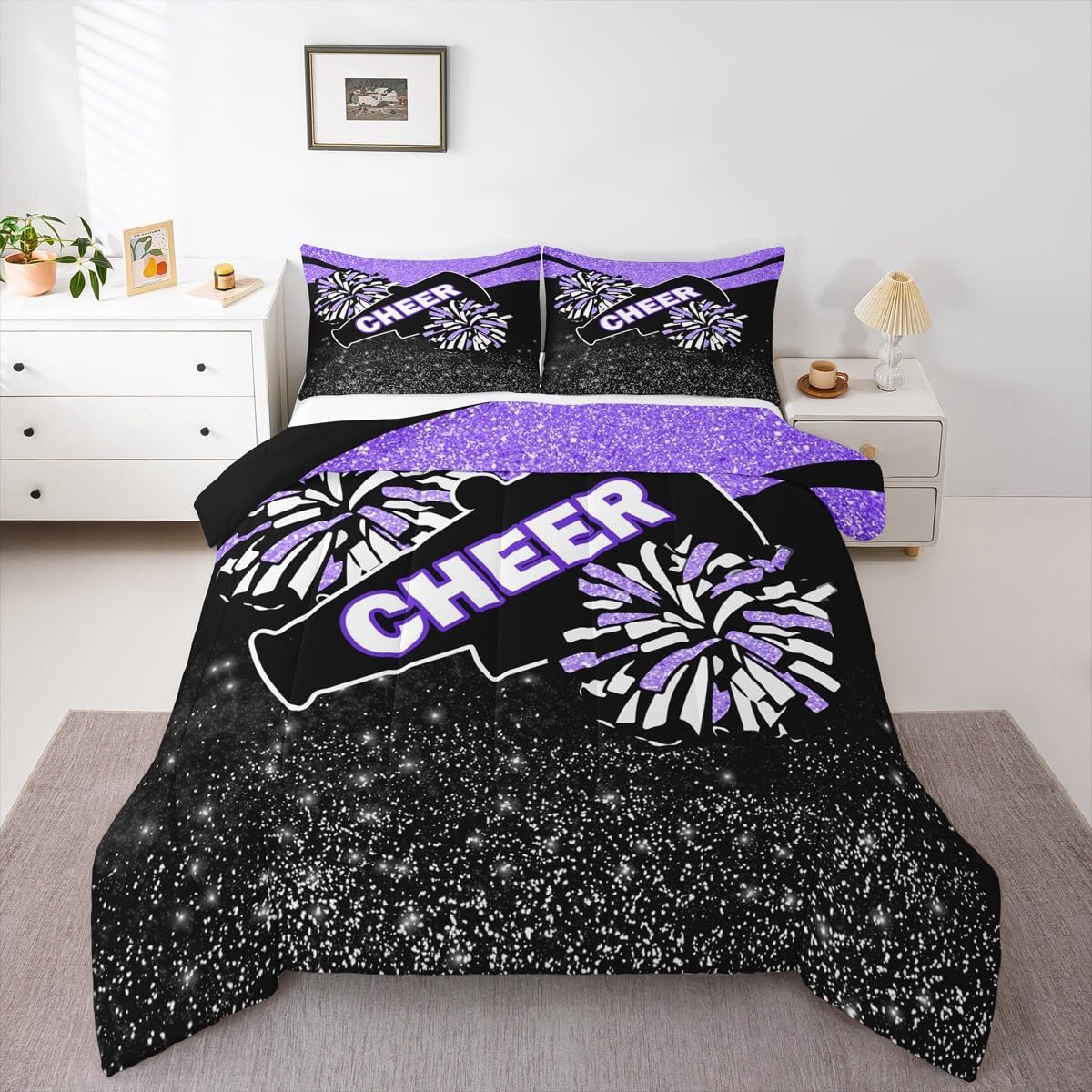 Feelyou Purple Glitter Cheer Comforter Set Dreamy Girly Gymnastic Sports Comforter for Kids Boys Girls Gymnastics Lovers Bedding Set Cheer Sports Glitter Duvet Set Room Decor Quilt Queen Size Boys