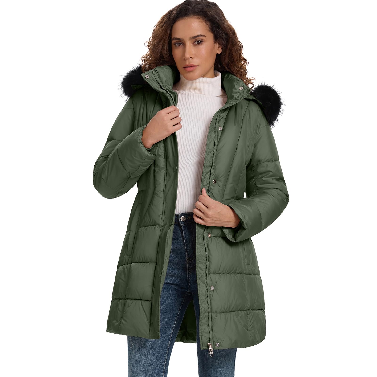 HOTIAN Women's Winter Puffer Down Coat Long Thickened Padded Parka Warm Jacket with Faux Fur Detachable Hooded