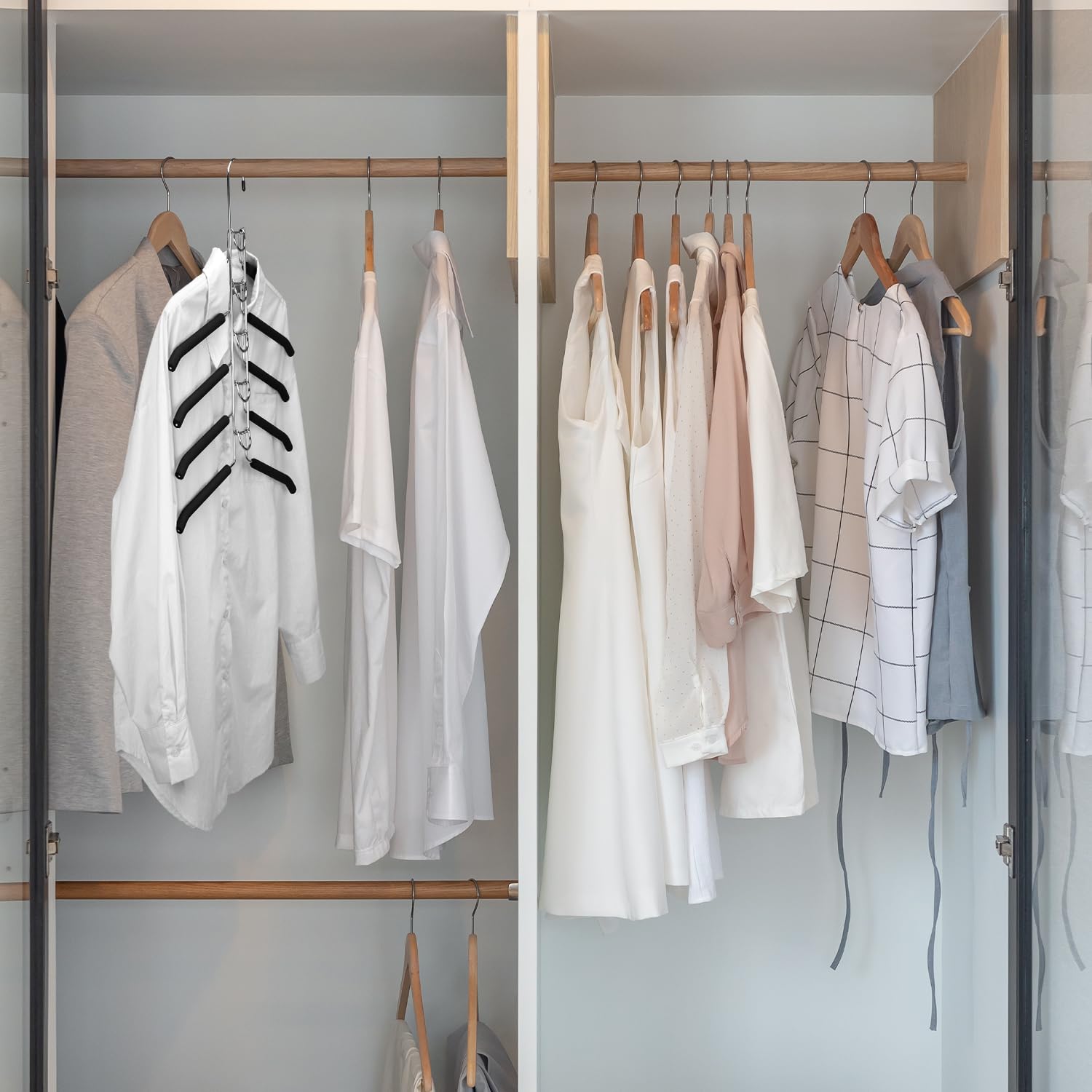 QWORK Kleiderbügel, platzsparend, strapazierfähig, 5-in-1, mehrschichtige Metall-Kleiderbügel mit rutschfestem Schaumstoff, für T-Shirts, Blusen, Mäntel, Anzüge, Pullover, T-Shirts, 4 Stück