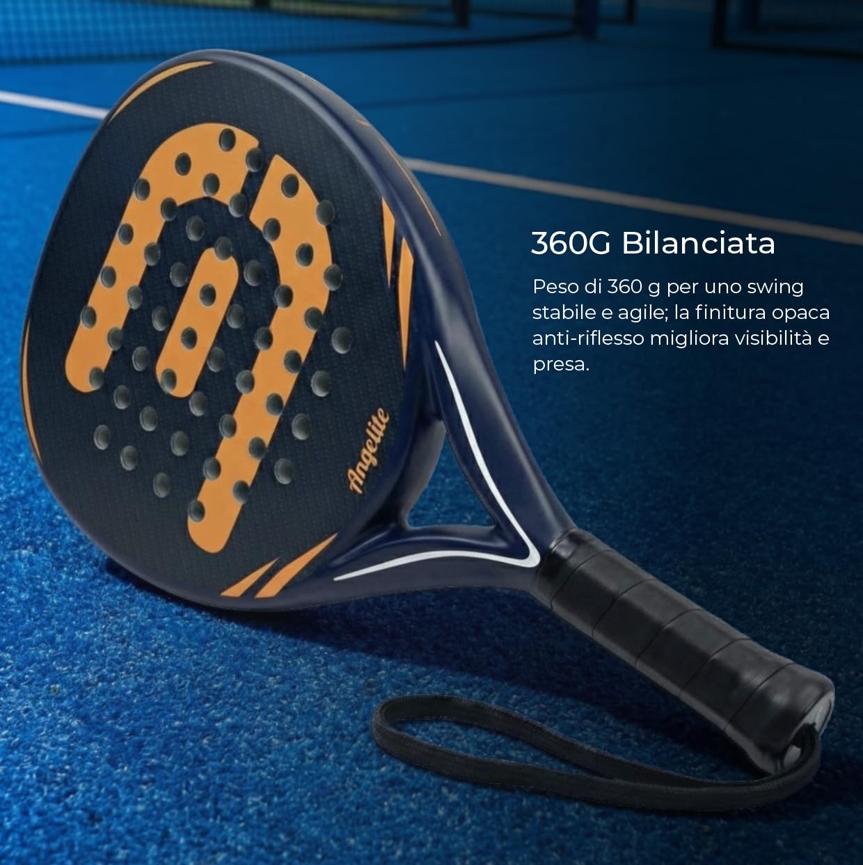 Racchetta da padel Angelite AG1 con 2 anni di garanzia | Telaio leggero e robusto in fibra di carbonio da 360 g, superficie in fibra di vetro e schiuma EVA FlexCore per il massimo controllo