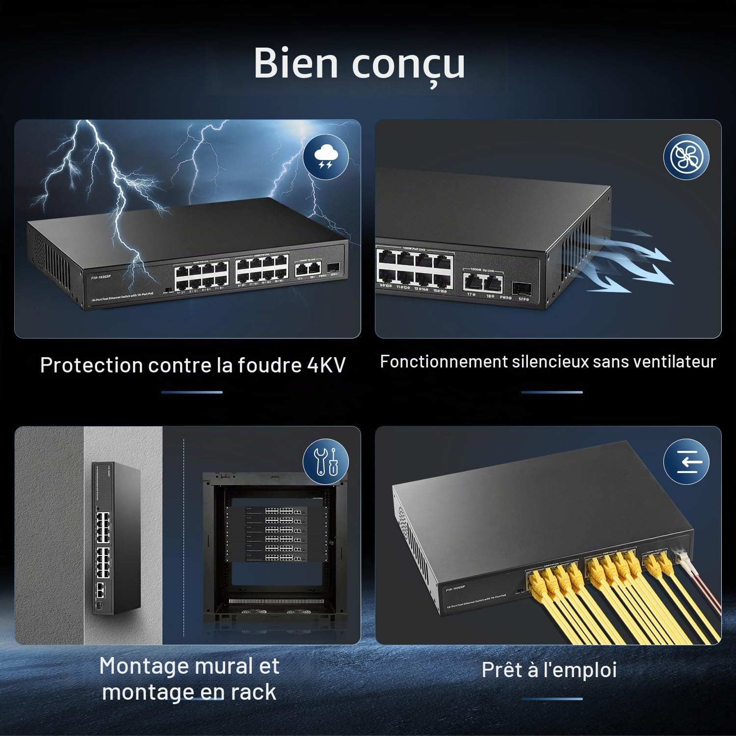 Binardat 19 Port POE Switch, 16 Ports POE+ 100Mbps, 2 Gigabit Uplink, 1 Gigabit SFP, IEEE802.3af/at, 300W Internal Power Supply, Metal Case Unmanaged Plug and Play