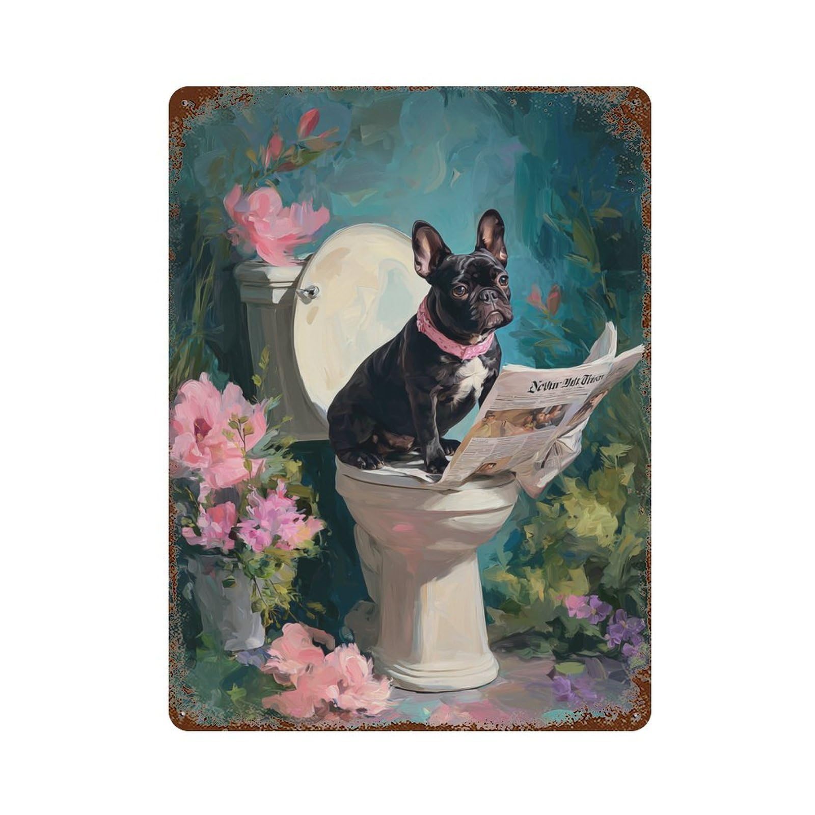 French Bulldog Reading Newspaper-6 Weathered Tin Sign 15.7"x11.8", for Basement, Hobby Room And Garage Decor, Rustic Home Decor