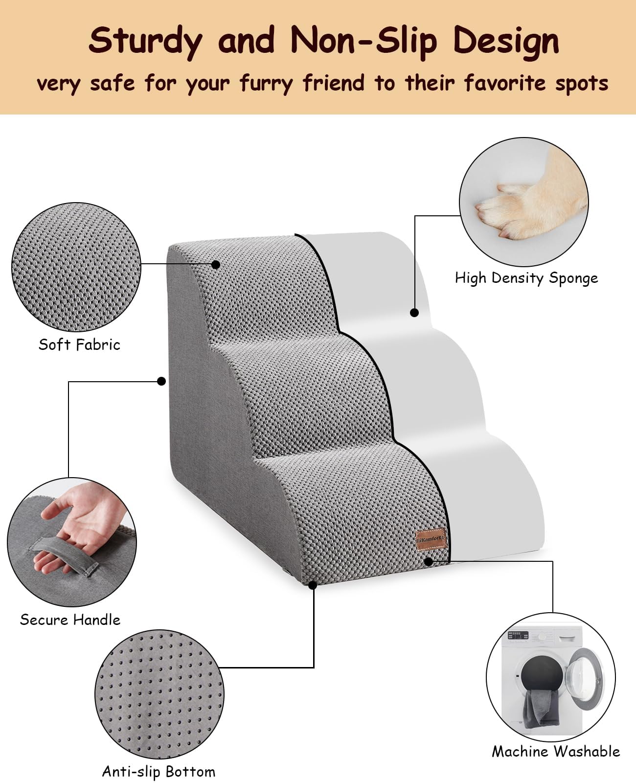 Scaletta Per Cani,3 Gradini Scala Antiscivolo per Animali Domestici,Scale per Cani per Divano e Letto con Fodera Copertura Rimovibile e Lavabile (Grigio)