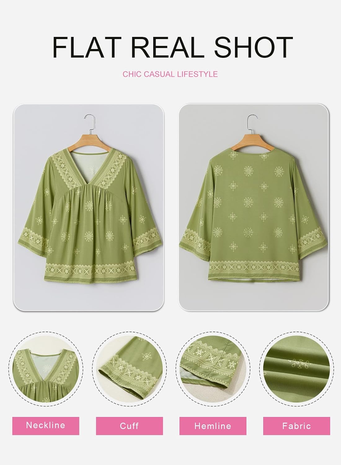 SHEWIN Womens Summer Tops Casual Retro Print V Neck 3/4 Sleeve Boho Vacation Blouses Shirts - Image 6