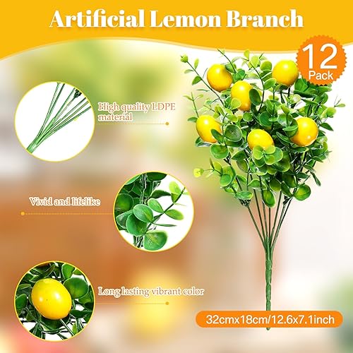 Miniatura 2 de Tigeen Paquete de 12 limones para decoración, ramas de limón falsas, color amarillo vivo artificial, centros de mesa para cocina, frutas y troncos