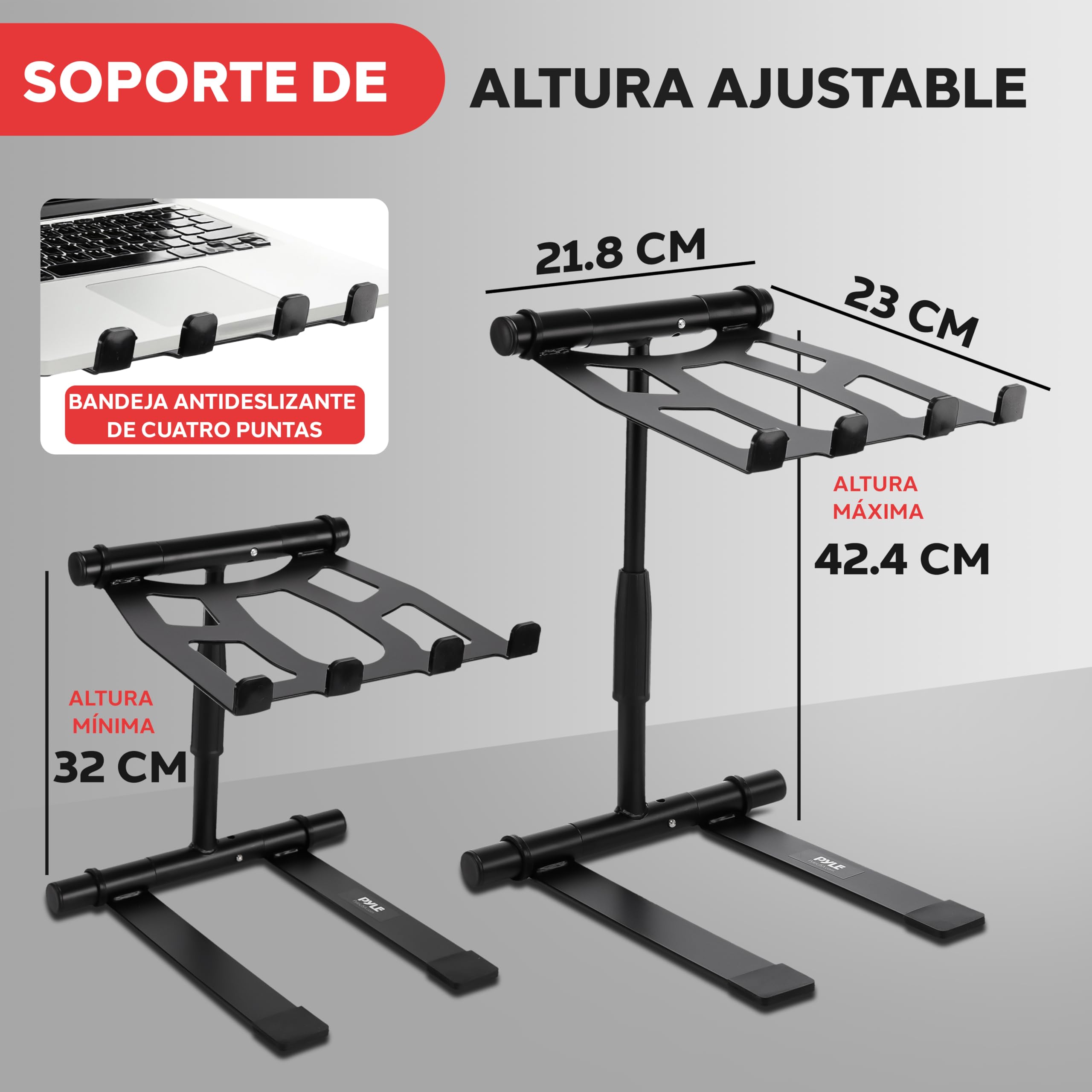 Pyle soporte ordenador portatil, Alzador, Angulo ajustable, Altura plegable, Bandeja antideslizante, Ideal para computadora, Laptop, Equipos de DJ, Tocadiscos, Uso en el hogar u oficina