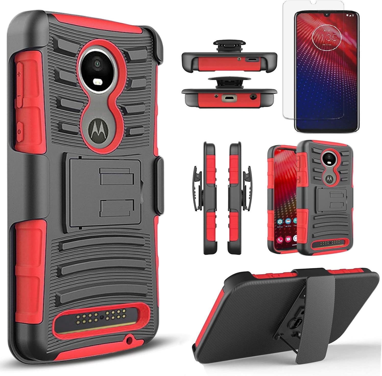Moto Z4 Case, Motorola Moto Z4 Play Case, with [Tempered Glass Screen Protector Included], Circlemalls Built-in Kickstand Belt Clip Holster Protective Phone Cover Bundled -Red