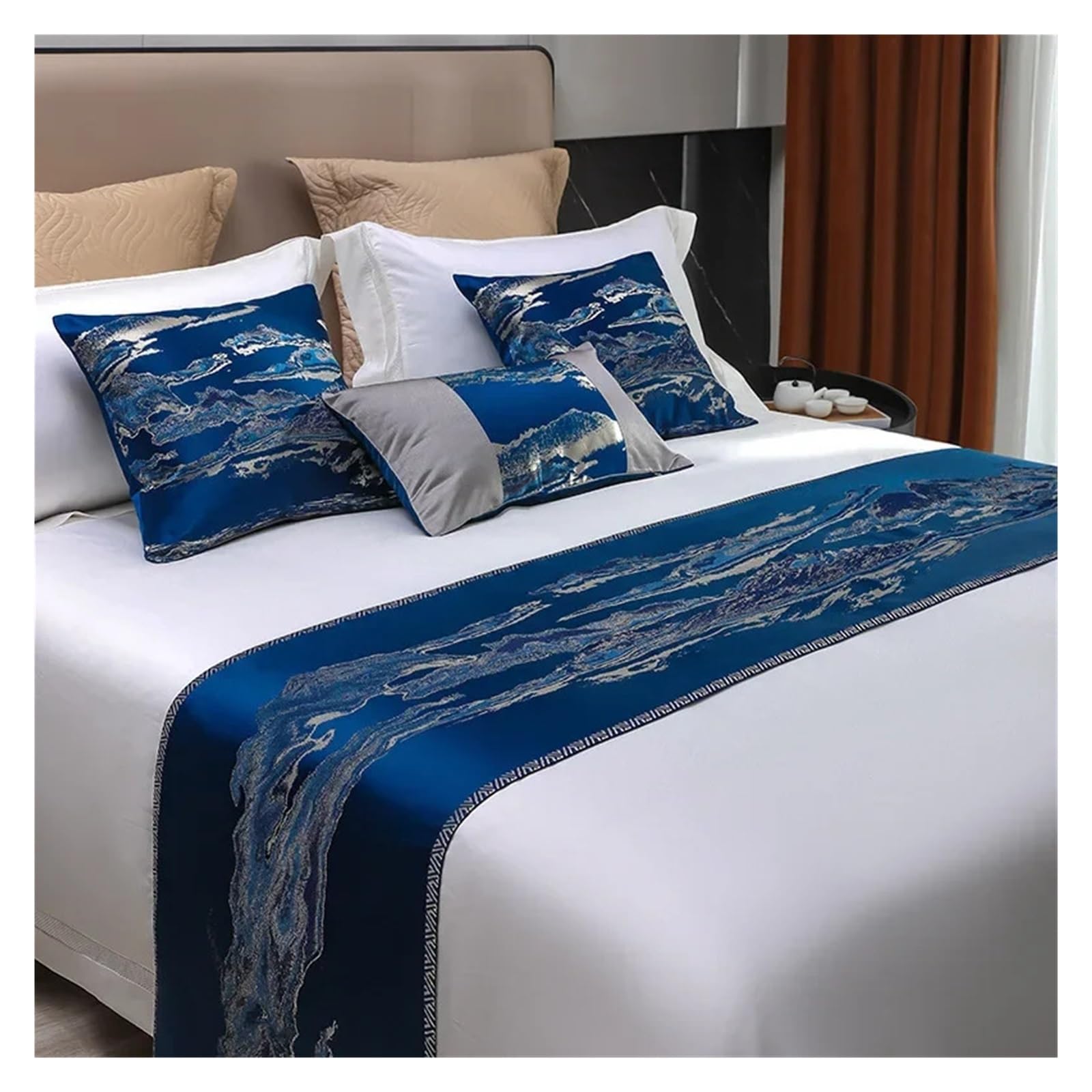 SHENJMAI Bed Runner Landscape Printed Bed Flag Hotel Decor for Home Parlor Wedding Bedding Pillowcase(Blue,45x240cm runner X1)