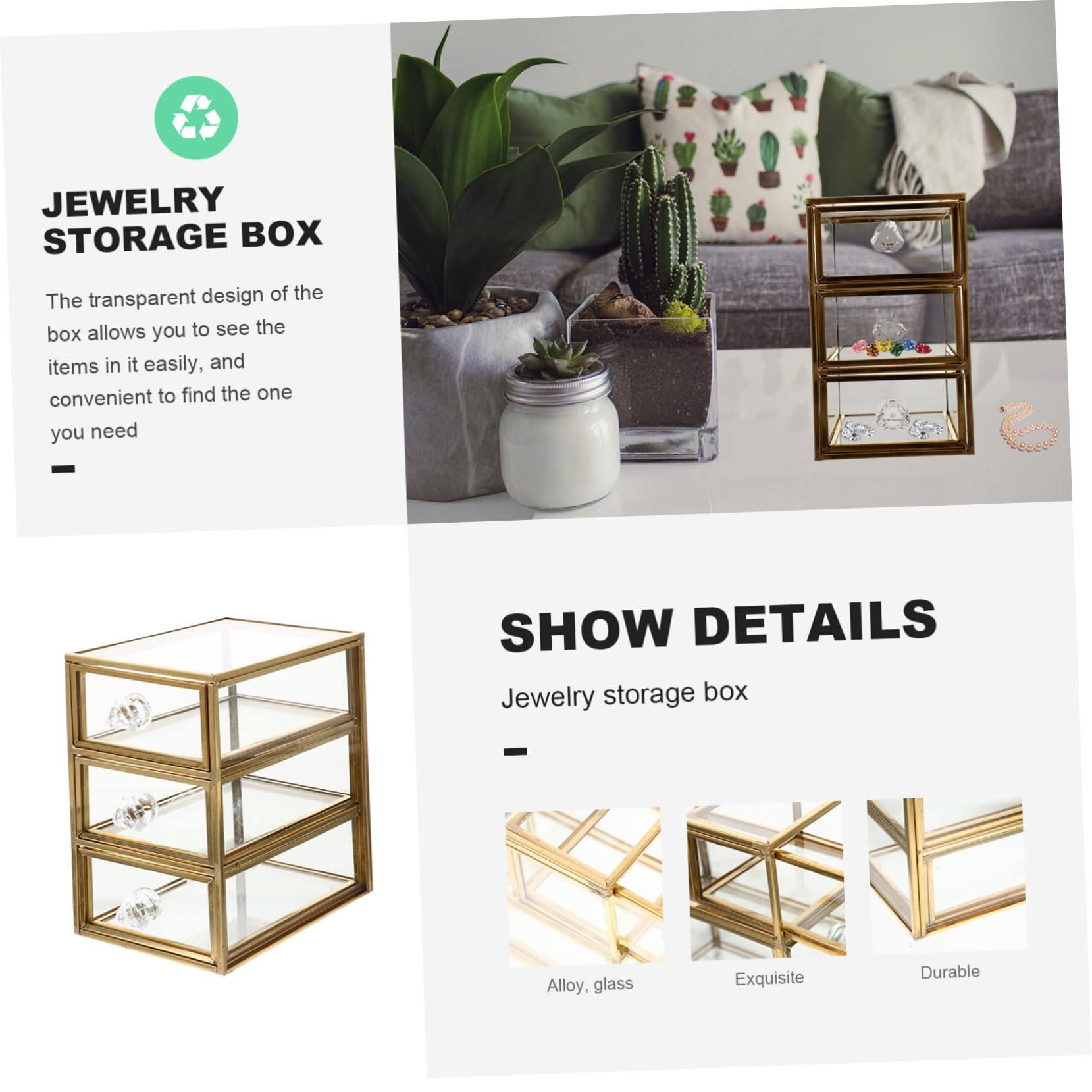 Ipetboom Aleación y Vidrio Caja de Joyas Dorado, de 3 Niveles, Cajones